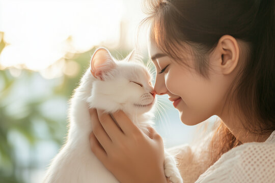Young Asian woman is hugging a persian cat with indoor scene, human-animal relationships.	