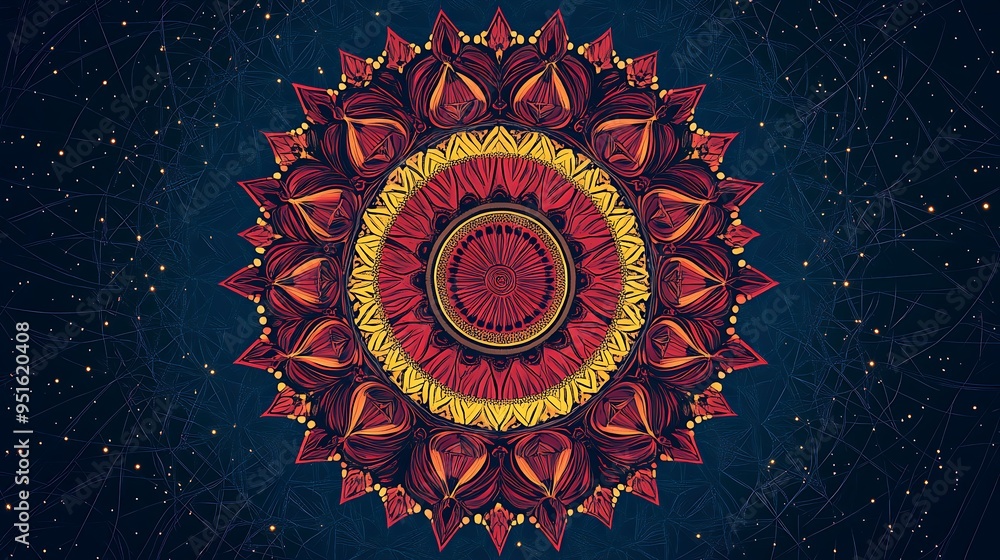 Aufkleber dynamic abstract circular pattern in red and yellow on dark blue background