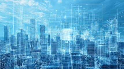 Fototapeta premium Futuristic cityscape with digital blueprints overlay