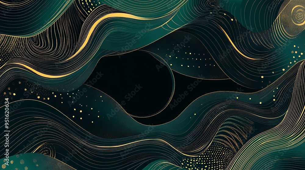 Poster enchanting green and gold abstract circular pattern on black background with flowing waves and harmo