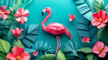 Obraz premium Flamingo and tropical flowers form a 3D origami image, inspiring a masculine, arty fashion print without the 3D effect.