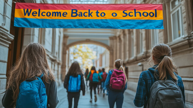 Students walking toward a colorful welcome back to school banner in a bustling hallway filled with peers in a school building