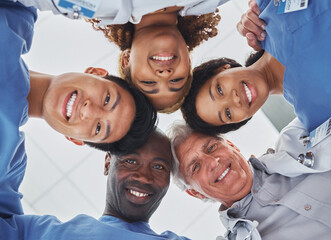 Below, portrait or doctors in circle for healthcare, professional or pride with diversity in...
