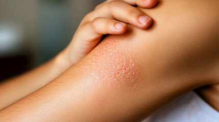 A close-up of a person scratching a red, irritated rash on their arm
