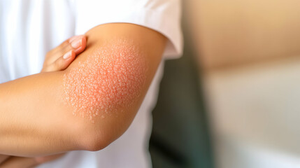 A close-up of a person scratching a red, irritated rash on their arm