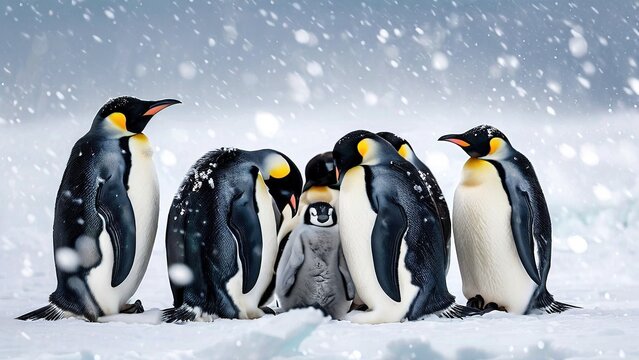 A group of emperor penguins huddle together in the snow, with a small chick in the center.