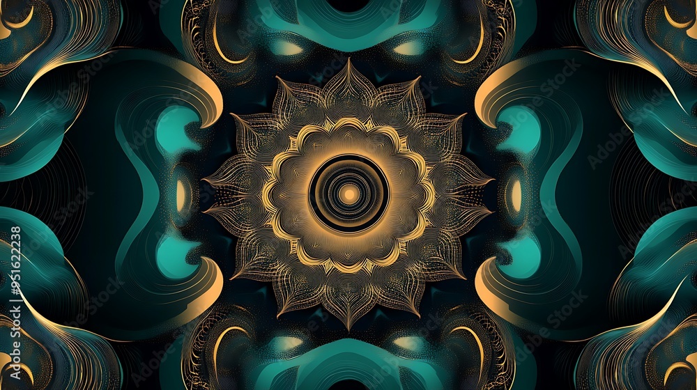 Poster elegant teal and gold abstract circular pattern on black background with flowing waves - vector grap