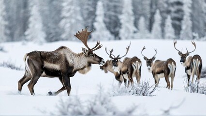 A herd of caribou in a snowy landscape, with the dominant male in the foreground facing the camera.