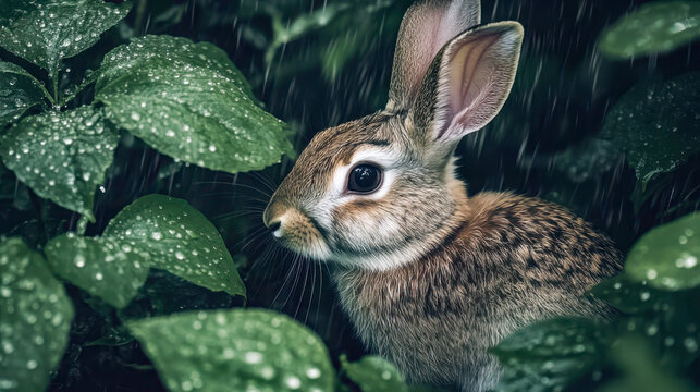 A young rabbit sits among wet grass with water droplets.