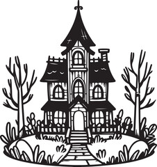 Spooky haunted house line art silhouette vector illustration