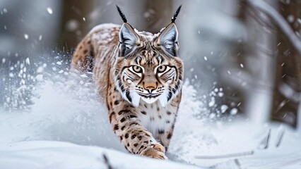Obraz premium A lynx walks through a snowy forest, its fur blending in with the white snow. The lynx's eyes are sharp and focused, and its ears are perked up, listening for any sound.