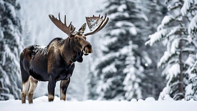 A majestic bull moose stands in a snowy forest, its antlers covered in snow.