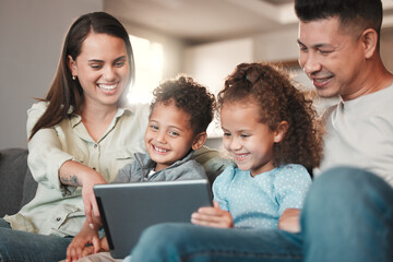 Parents, happy kids and tablet for videos in home, online subscription and laugh for comedy. Family, children and website for funny movie or series, bonding together and animation entertainment