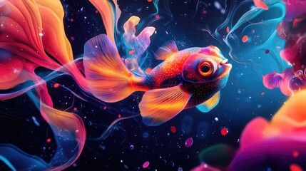 Abstract background with a floating puffer fish, vibrant colors, and dynamic shapes, creating a sense of movement and lightness.