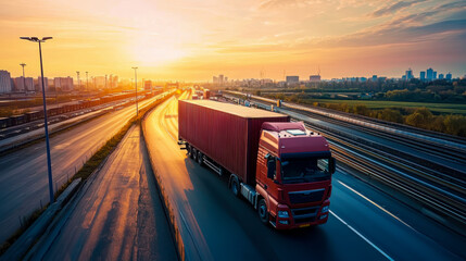 Obraz premium Container truck in ship port for business Logistics and transportation of Container Cargo ship and Cargo plane with working crane bridge in shipyard at sunrise, logistic import export and transport