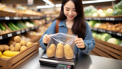 Customer weighing bags of potatoes in the vegetable section of the supermarket, generative AI