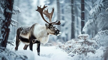 Obraz premium A majestic reindeer with large antlers stands in a snowy forest, surrounded by tall pine trees and a blanket of fresh snow.