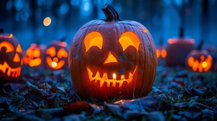 Fototapeta premium Jack-o'-Lanterns and Fog: Multiple Jack-o'-Lanterns glowing brightly amidst a thick, rolling fog, creating a classic Halloween visual. 
