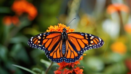 Fototapeta premium A monarch butterfly with its wings open sits on a blooming orange flower with green and orange blurred background.