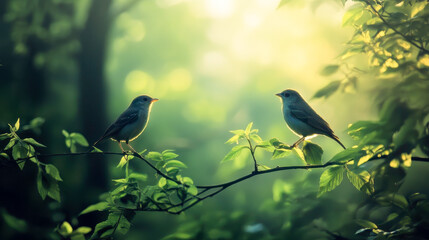 An eumyias indigo flycatcher perches on a mossy tree branch in the Mount Lawu montane forest in East Java. The backdrop is a natural bokeh, and there is a blue bird perched on a bough. A natural bokeh