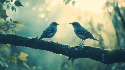 An eumyias indigo flycatcher perches on a mossy tree branch in the Mount Lawu montane forest in East Java. The backdrop is a natural bokeh, and there is a blue bird perched on a bough. A natural bokeh