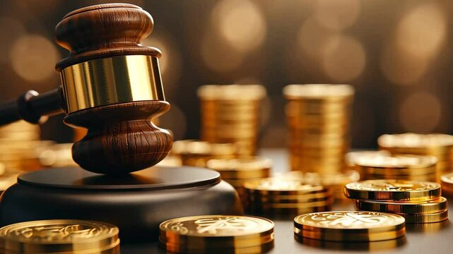 A wooden gavel rests on a block, stacks of gold coins.  symbolizes legal matters and financial wealth.