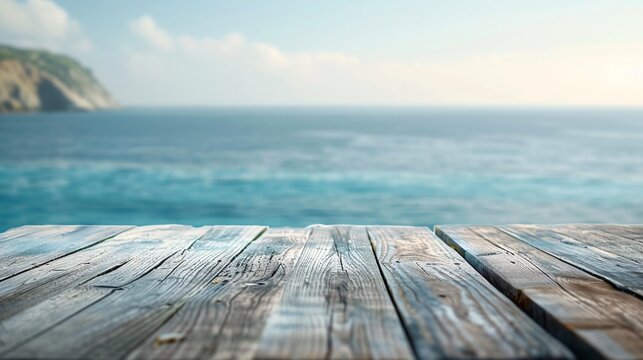 07231249 167. Clear wooden table surface with an out-of-focus ocean view behind, capturing the tranquil essence of a seaside environment