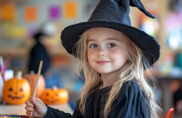 A little witch crafting at a Halloween decorated table in a kindergarten classroom