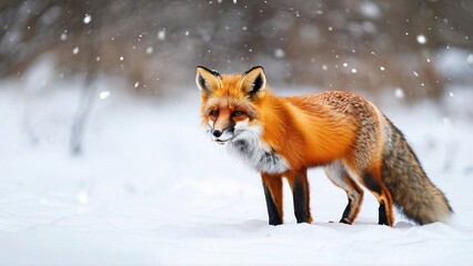 Fototapeta premium A red fox stands in a snowy forest with its tail bushy and its fur a vibrant orange. The animal is looking directly at the camera. Snowflakes fall around it.