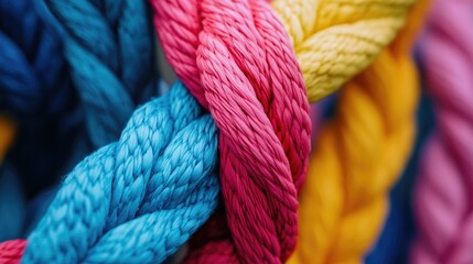 Close-up of colorful ropes intertwined, showcasing textures and vibrant colors.