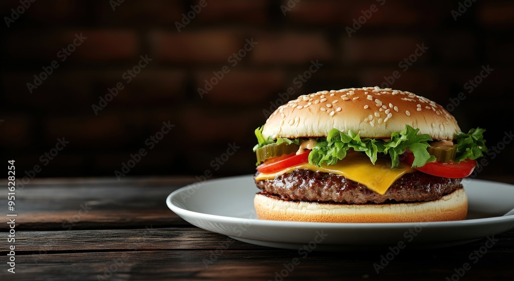 Poster Juicy Cheeseburger on a Rustic Table