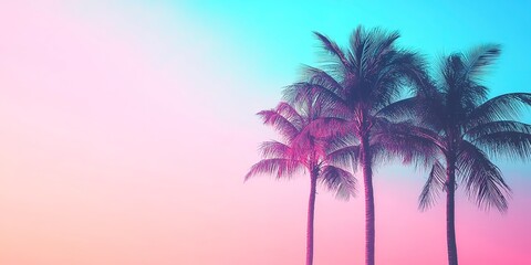 Silhouette palm trees against a neon retro pink and blue sky background.