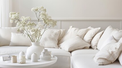 Living room featuring a white couch draped in white