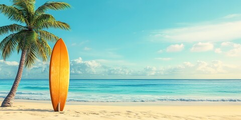 surfboard and palm tree on beach background