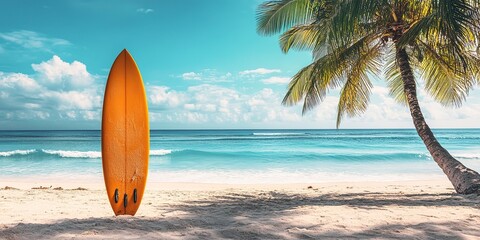 surfboard and palm tree on beach background