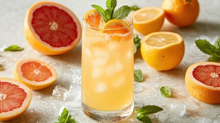 A refreshing citrus fruit drink with oranges, lemons, and grapefruits, garnished with mint leaves and served in a tall glass with ice cubes, perfect for a hot day.
