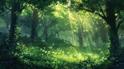 Lush Green Forest with Sunlight Filtering Through the Trees