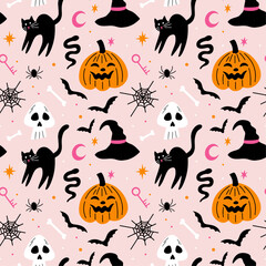 Cute pink spooky Halloween themed vector seamless pattern design with carved pumpkin, bats, black cat, witchy hat, skull illustration in cartoon retro groovy funky style for wrapping paper, background