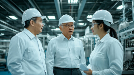 工場内で話し合うヘルメットを着用したエンジニア