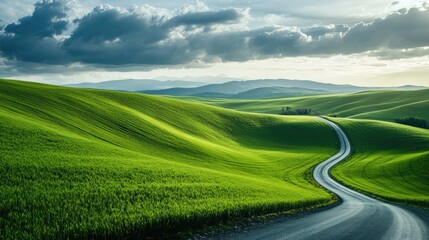 Obraz premium green grass outdoor field landscape with roadway