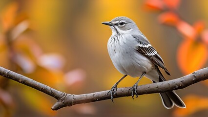A small, gray and white bird perches on a branch with a blurred background of colorful autumn leaves.