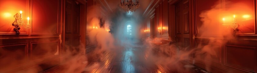 Naklejka premium An eerie corridor illuminated by flickering candles, shrouded in mist. Perfect for horror themes or mysterious atmospheres.