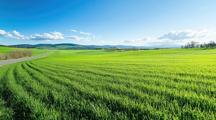 Naklejka premium green grass outdoor field landscape with roadway