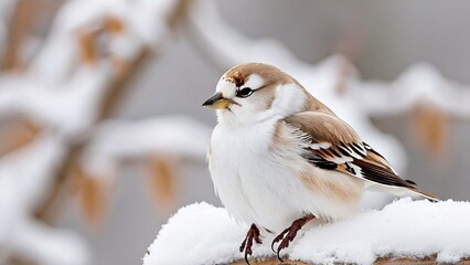 A small, white and brown bird with a black eye sits on a snow-covered branch in a winter setting.