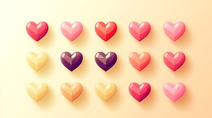 Fototapeta premium Variety of Vibrant Heart Icons Representing Digital Affection and Connection on Pastel Yellow Background - Vector Graphic Design