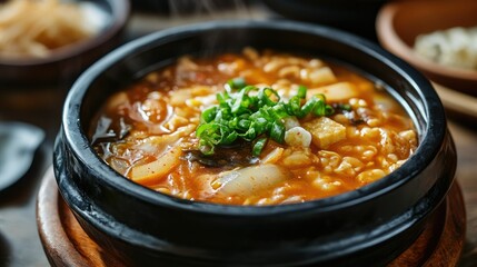 Close-up of traditional Korean soybean paste soup, text background on fermentation benefits