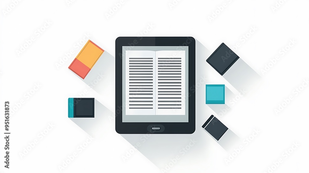 Poster modern e-book reader with multiple bookmark icons on white background