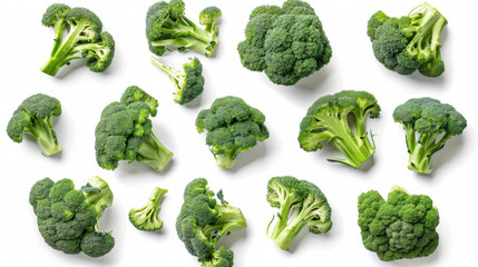 Various falling fresh ripe broccoli on light white background, horizontal composition