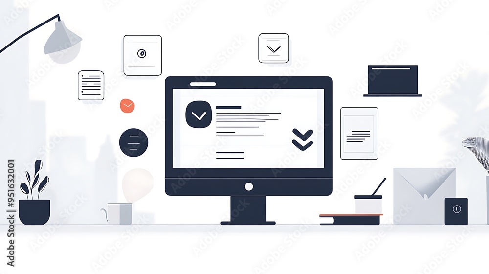 Poster modern online learning platform interface with course icons on white background
