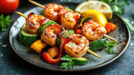 Grilled shrimp skewers with vegetables, high-protein seafood dish, served on a plate